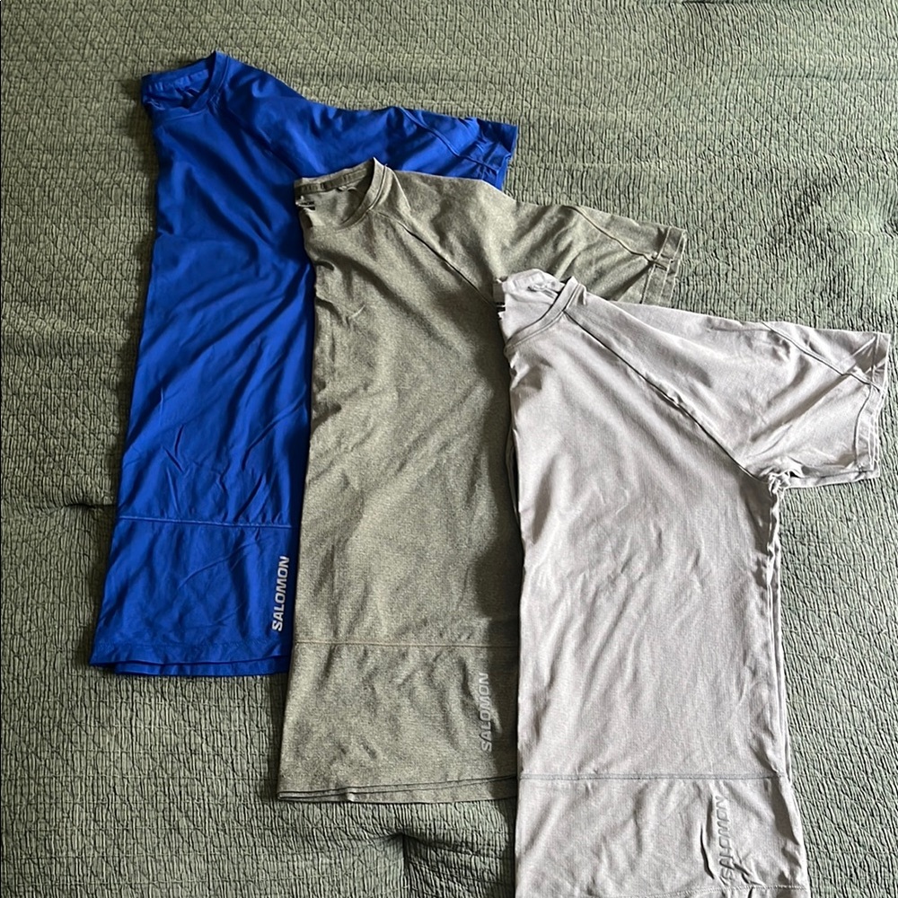 3 Salomon Men's Performance T-Shirts - Blue, Green, Gray